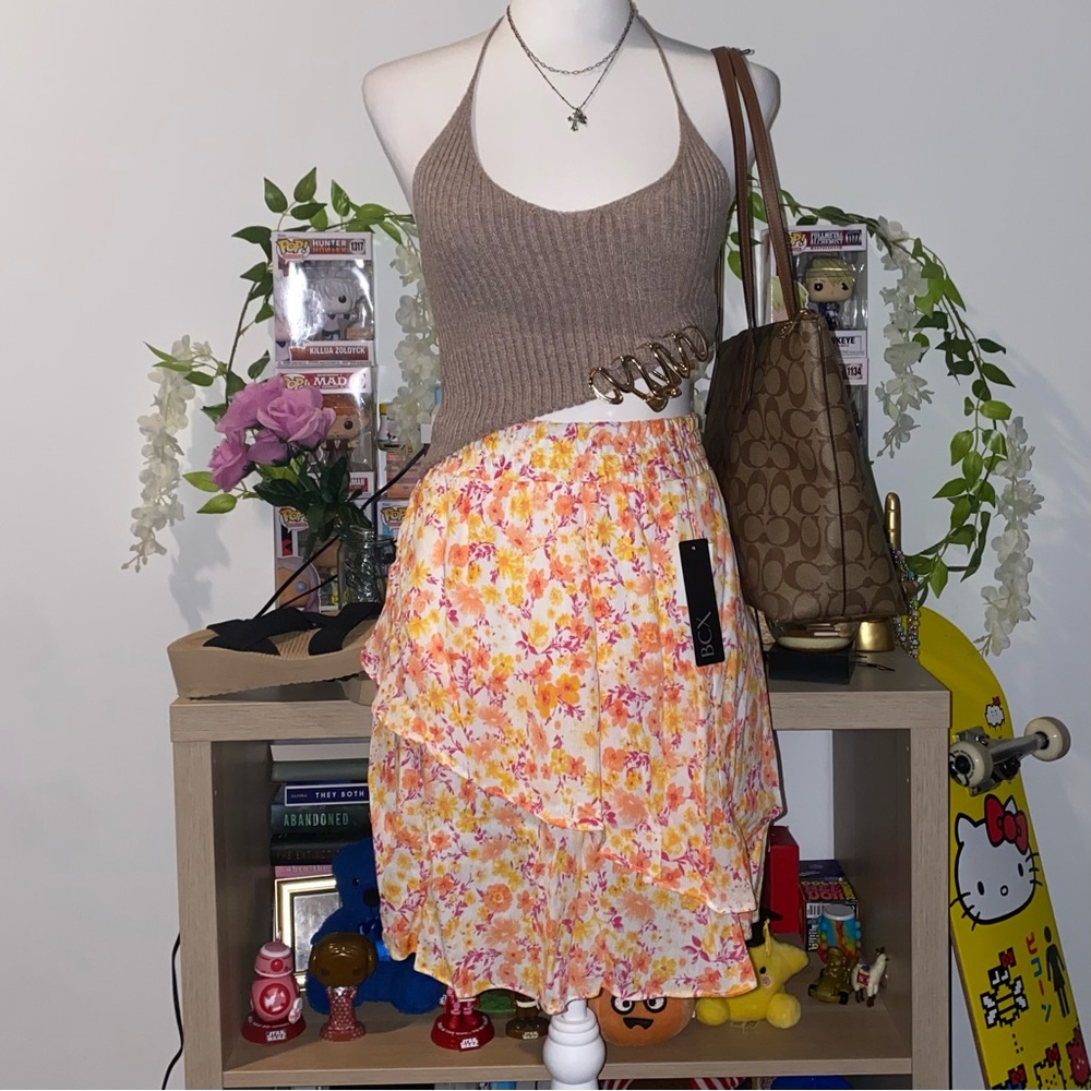 2000s whimsical bohemian fairycore floral print summer ruffle midi skirt